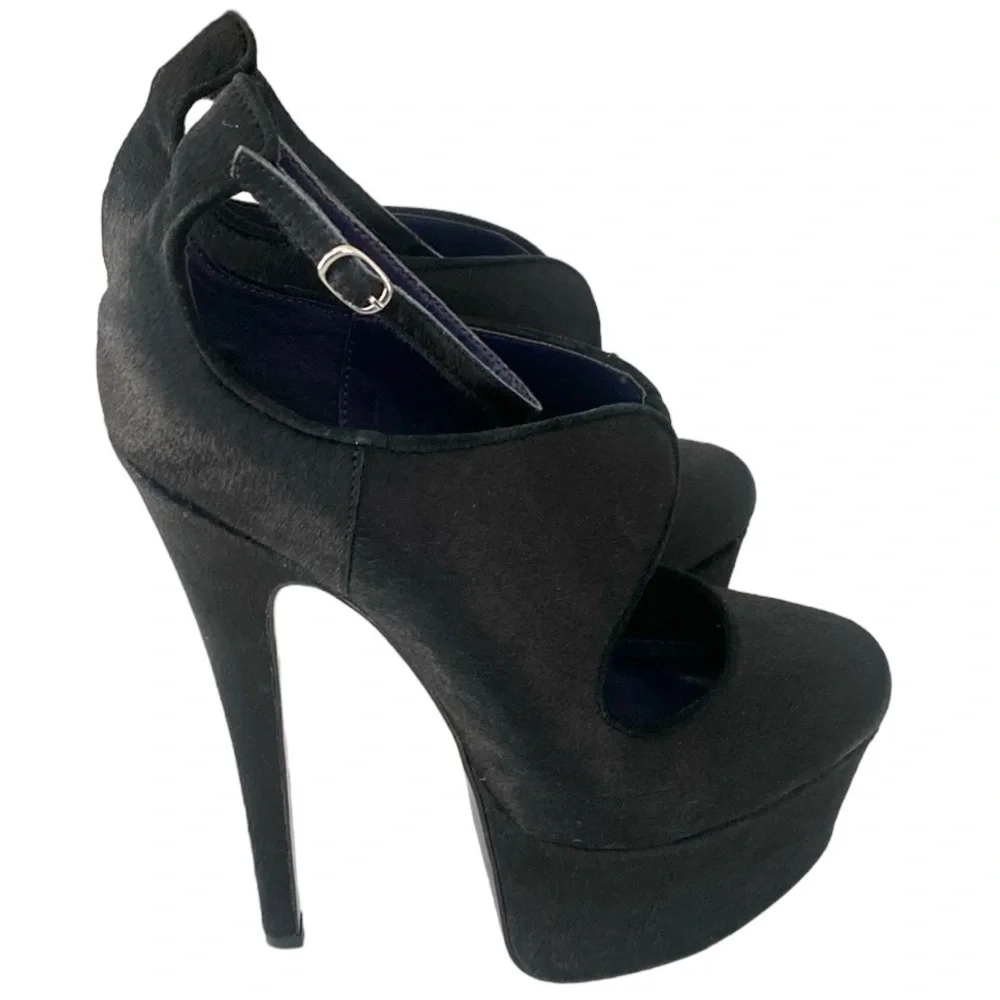 London Trash Candy Black Leather Fur Stiletto Platform Heels